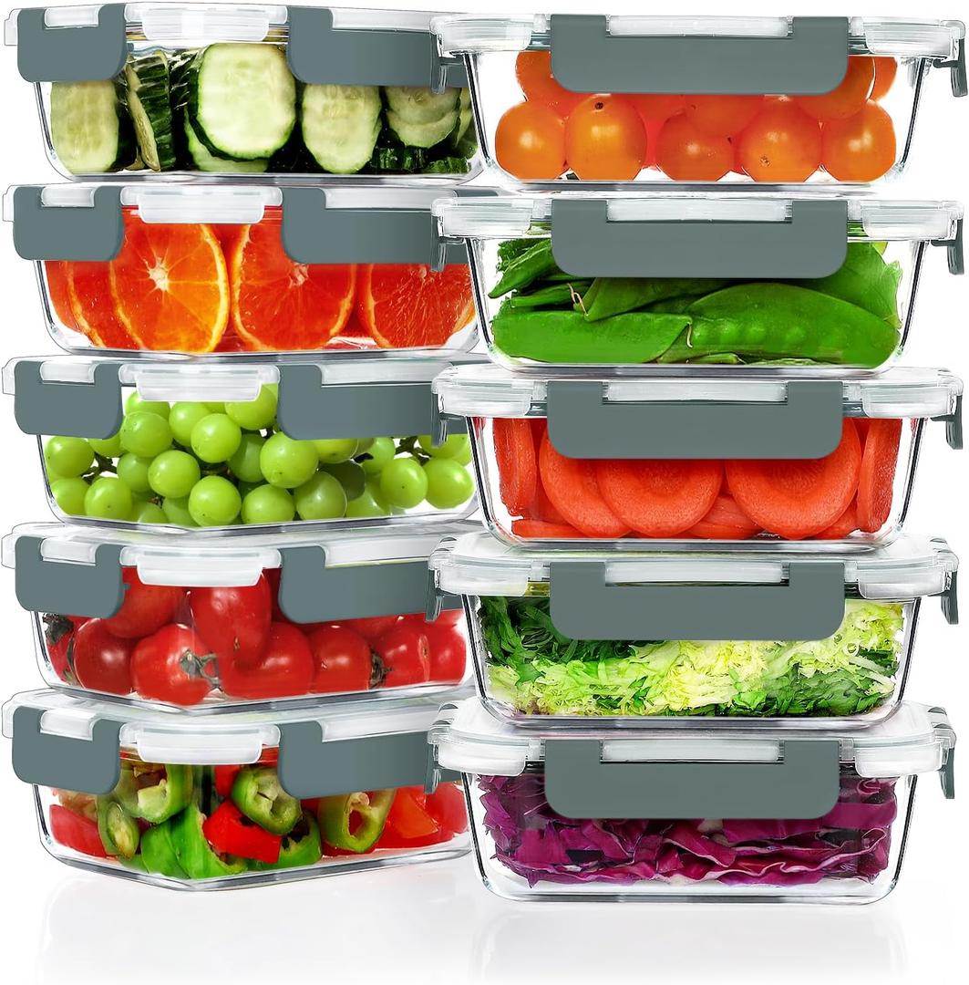 VERONES 10 Pack 22 OZ Glass Meal Prep Containers, Airtight Glass Lunch Containers Set, Glass Food Storage Containers with Lids,Exclusive of BPA, for Microwave, Oven, Freezer & Dishwasher Friendly,Grey