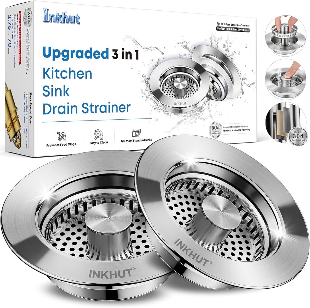 Upgraded 3 in 1 Kitchen Sink Drain Strainer - Stainless Steel Sink Stopper, Anti-Clogging Sink Food Catcher Basket, Fast Drainage Odor Filter Sink Plug for US Standard 3 1/2 inch Drain (Silver-2Pack)