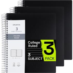 Spiral Notebook for School 3 Pack, 3 Subject, College Ruled Paper, 150 Sheets, 9" x 11", 3 Dividers with Pockets, 3 Hole Punched Perforated, Plastic Cover, Lined Journal Bulk, Black