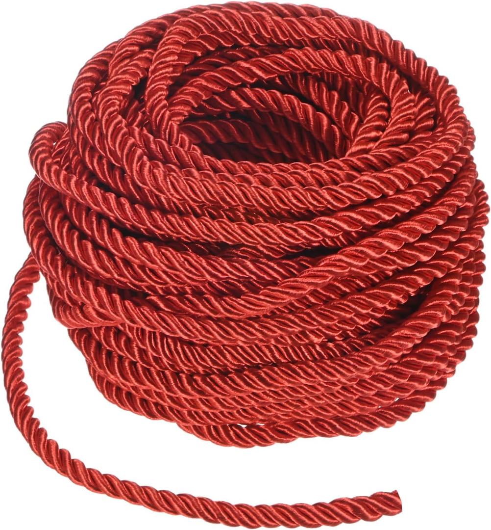16 Yards Twisted Rope Trim, 5mm/0.2 in Red Soft Polyester Twisted Silk Rope Cord 3-Ply Decorative Cord for Gift Bag/DIY Crafts/Home Decor/Curtain Tieback