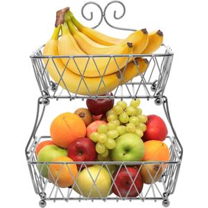 Sorbus Fruit Basket Display Stand, 2-Tier, for Vegetable, Fruit & Bread Counter Storage for Kitchen, Bathroom, Rectangular Antique Metal (Silver)