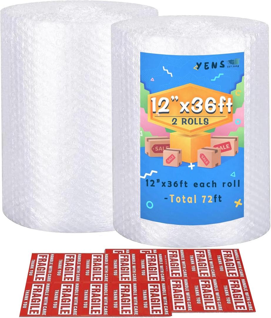 Yens Nylon Bubble Cushioning Rolls 72 ft 12 Inch width Packing Materials 3/16" AIR Bubble Perforated every 12" Wrap 20 Bonus Fragile Stickers
