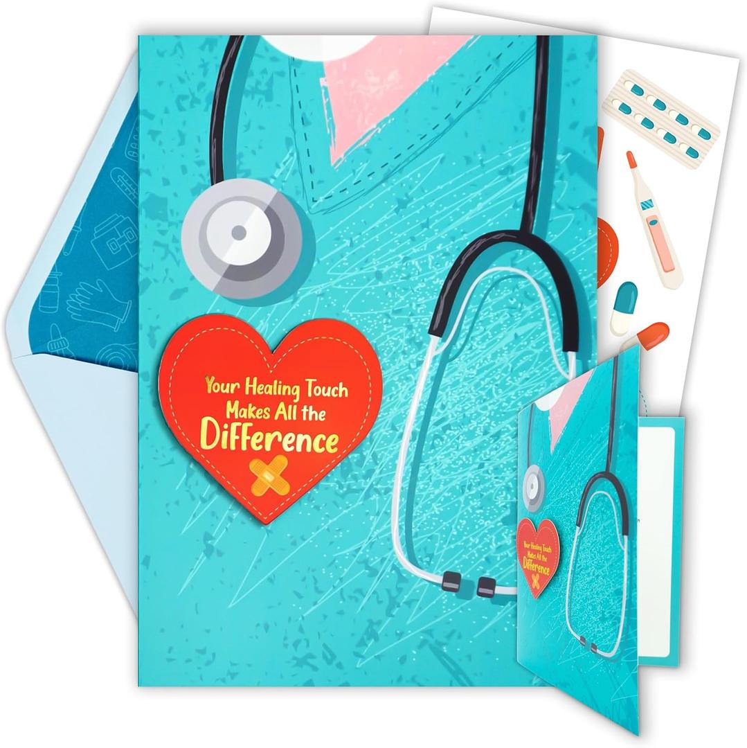 Decorably Gold Foiled 5x8in Handmade Individual Nurse Thank You Card Set with Heart Cutout, Nurses Day Cards Set with Envelope and Stickers, with Printed Message Inside - Nurse's Day