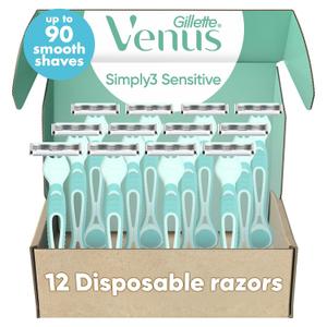 Gillette Venus Simply 3 Sensitive Disposable Razors, Sensitive Skin, 3 Bladed Razors, Pivoting Head for Incredible Comfort, Soft Grip Handle, 12 Count