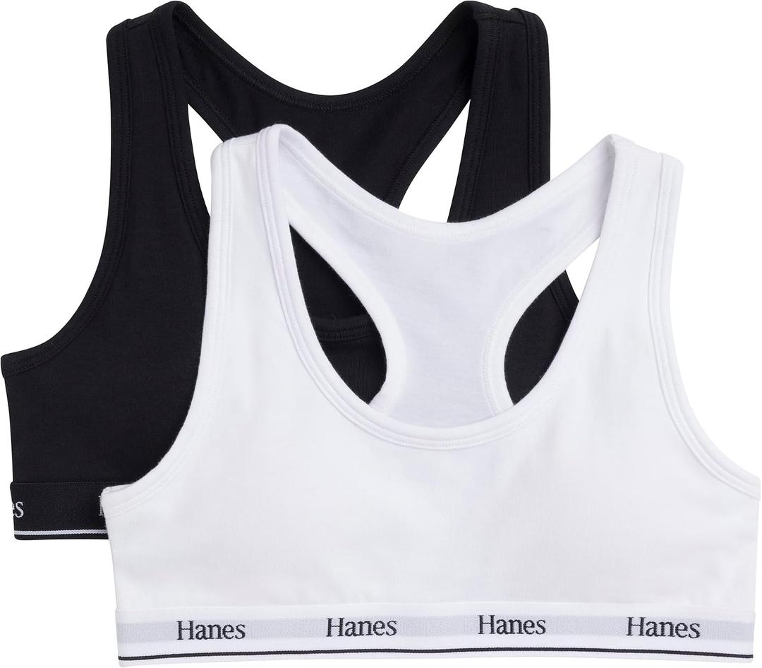 Hanes Girls' Cotton Racerback Sports Bra 2-Pack, Black/White, Medium