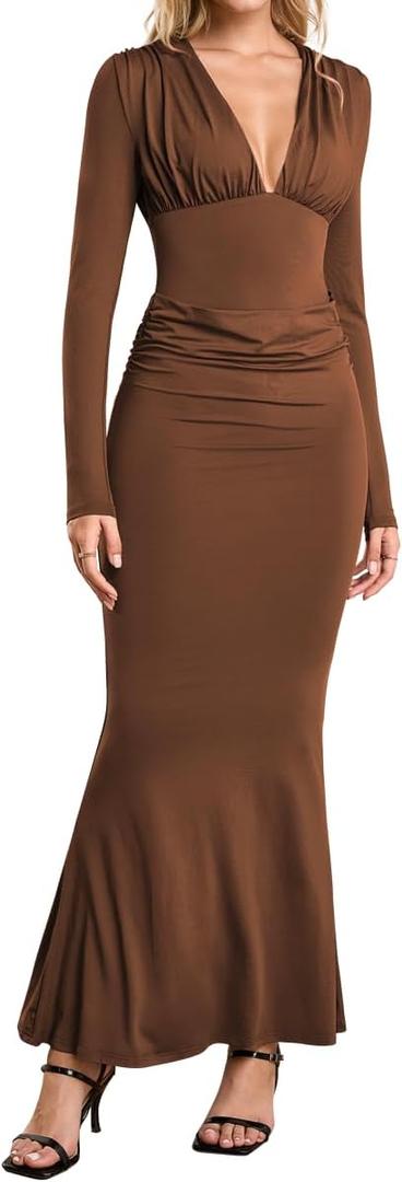 Long Sleeve Maxi Dress Deep V Neck Ruched Bodycon Elegant Semi Formal Wedding Guest Dresses for Women 2025 (Brown)
