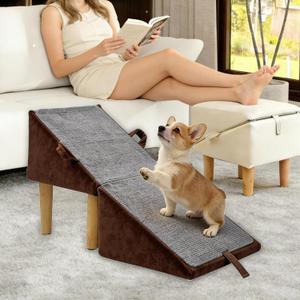 Split Ottoman Dog Ramp for Small Dogs and Cats 2-in-1 Foldable Wooden Pet Ramp and Stairs for Couch and Low Bed, or Ottoman, Non-Slip and Portable, Brown