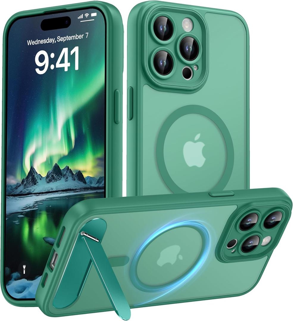 Magnetic Compatible with iPhone 15 Pro Max Case, [Built-in Kickstand][Full Camera Protection][Compatible with MagSafe][Anti-Fingerprint] Shockproof Phone Case for iPhone 15 Pro Max 6.7",Cyan