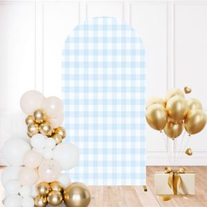 6.6FT Wedding Arch Backdrop Cover Light Blue Gingham Spandex Fitted Round Top Backdrop Stand Cover for Birthday Party Ceremony Banquet Decoration (Pattern2)