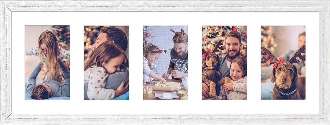 8x24 Collage Frame with 5 Openings 4X6 Pictures, Multiple Picture Frame with Mat, Wall or Tabletop Decor, White Wood Grain (1 Pack)