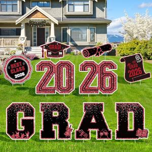 2026 Graduation Decorations Yard Signs 10PCS Red Congrats Grad Lawn Decorations with Stakes, Graduation Party Supplies, Large Outdoor Graduation Party Decor for High School & College