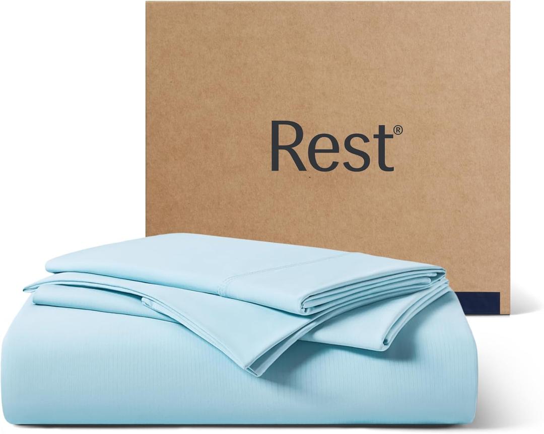 REST Evercool+ Starter Sheet Set, Queen, Light Blue, Breathable Bed Sheets for Hot Sleeper and Night Sweats, with Pillowcases, Ionic+ Self-Cleaning Silver Yarn for Sensitive Skin, 3PCS No Flat Sheet