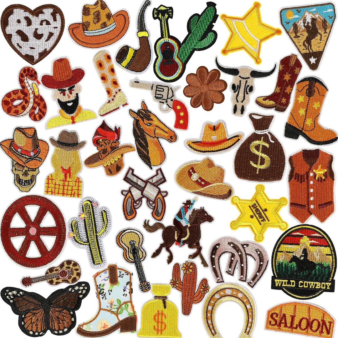 AUGSUN 36pcs Western Iron On Patches Brown Theme Iron on Patches for Boys Western DIY Sew Applique Repair Patch Cute Sew on Patches for Clothing Jacket Jeans Pants Dress Backpack Hats Decorations
