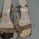 Women's Sparkling Rhinestone Ankle Strap Heeled Sandals Purple Metallic Square Open Toe Mid-Heel Dress Sandal for prom Shining Heels, Size 9.5