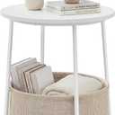 SONGMICS HOME Small Side Table, Round End Table, 2 Tier Nightstand with Basket, U Shaped Steel Legs, Easy Assembly, for Living Room, Bedroom, White and Brown, 1 pack