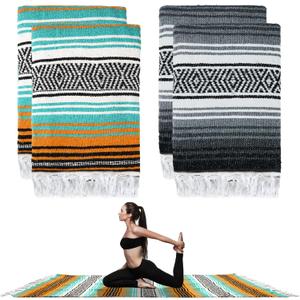 Preboun 4 Pcs Large Mexican Yoga Blanket Pack 45 x 70 Inch Thick Woven Camping Picnic Beach Car Travel Throw Blanket Outdoor Patio Mat Towel (Gray, Orange Green)