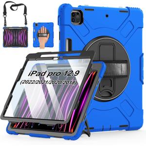 Case for iPad Pro 12.9 2022/2021/ 2020/2018: Cover for iPad Pro 12.9 6th/ 5th/ 4th/ 3rd Generation with Screen Protector- Stand- Pencil Holder- Handle- Shoulder Strap Blue