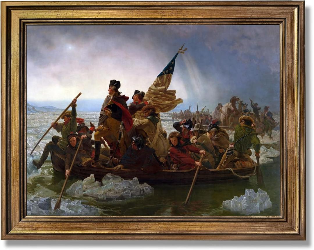 George Washington Crossing The Delaware Poster Revolutionary War Posters Retro Classical History Wall Art Canvas Print Decor for Classroom Office Bedroom Living Room Decoration 16x24inch Golden frame