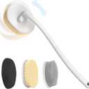 3-in-1 Flexible Up-Down Back Scrubber for Shower for Men & Women, 3 Detachable Back Brush Heads (Silicone/Sponge/Bristle), Ergonomic Long Handle Body Scrubber for Body Cleaning & Exfoliation (White)