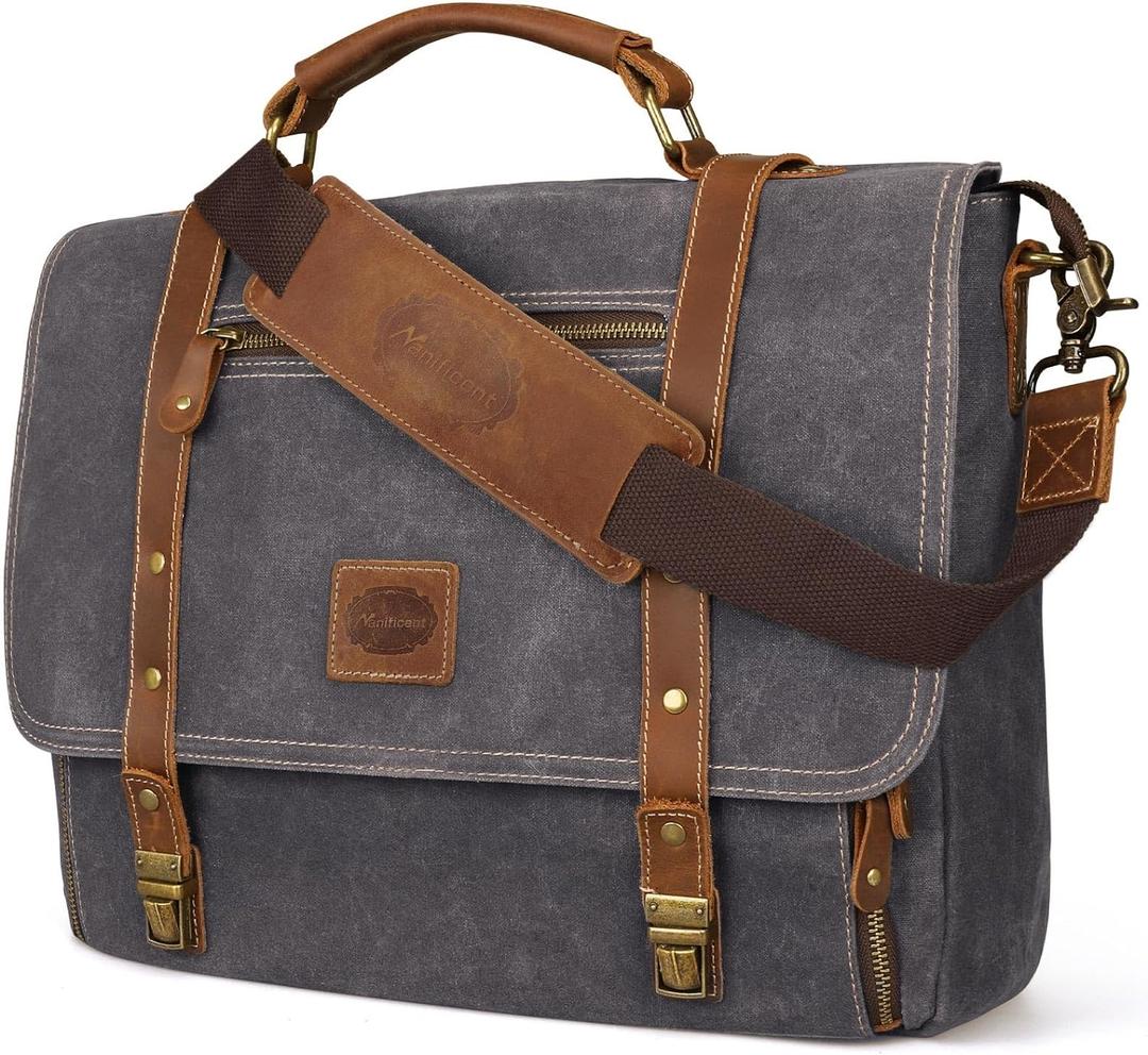 Manificent Laptop Messenger bag for Mens 15.6 Inch, Waterproof Vintage Genuine Leather Mens Briefcase shoulder bag 16 Storage Pockets, Waxed Canvas Leather Computer Business Satchel Work Bag (Gray)