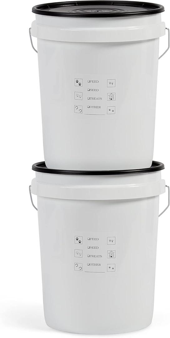 United Solutions Airtight Pet Food Storage Container, 5 Gallon Capacity, Great for Dog Food, Cat Food, Bird Seed, Dry Food Storage, White Container with Black Lid, 2-Pack