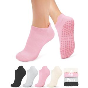 YeuG 4/6 Pairs Pilates Socks for Women - Non Slip Grip Socks for Yoga, Barre, Hospital, Barefoot (Small-Medium, B01-black/Light Grey/Light Pink/Ivory White)