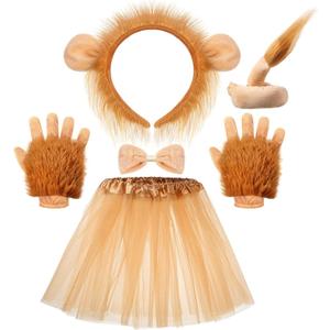 Geyoga Halloween Lion Costume Set Lion Animal Ears Headband Gloves Tail Bow Tie Gold Tutu Skirt Animal Fancy Costume Kit Accessories for Girls