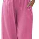 Faleave Women's Cotton Linen Summer Palazzo Pants Flowy Wide Leg Beach Trousers with Pockets Size Large