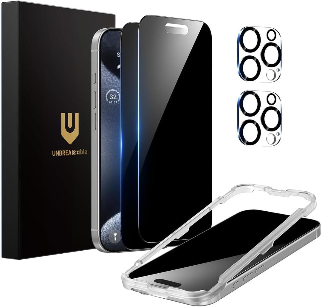 UNBREAKcable iPhone 15 Pro Max Privacy Screen Protector 2-Pack, Upgraded Dual-Tempered Glass + 2 Camera Lens Protectors, 25 Anti-Spy, Military-Grade 9H+, HD Clear, Anti-Fingerprint, 6.7 Inch