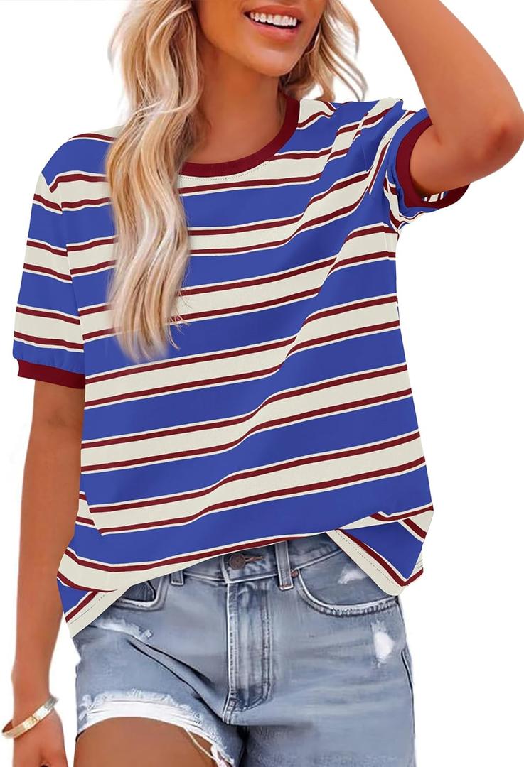 BTFBM Womens Summer Tops 2025 Crewneck Short Sleeve Striped T Shirts Casual Loose Lightweight Color Block Basic Tee (L)