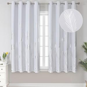 Estelar Textiler Greyish White Curtains for Bedroom 63 Inches Length Thermal Insulated Window Curtain Shades with Silver Palm Tree for Living Room, 52Wx63L, 2 Drapes