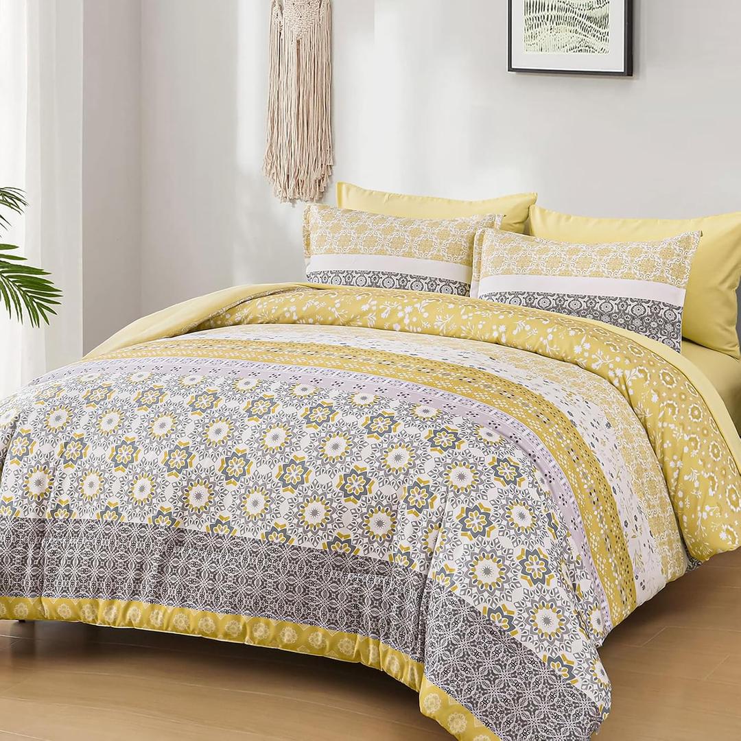 WONGS BEDDING Boho Comforter Set King Size, Yellow Bohemian Stripe Bed in a Bag 7 Pieces Comforter Sets with Sheets, Pillowcases & Shams, Reversible Soft Microfiber Bedding Set for All Season, King 104"×90"