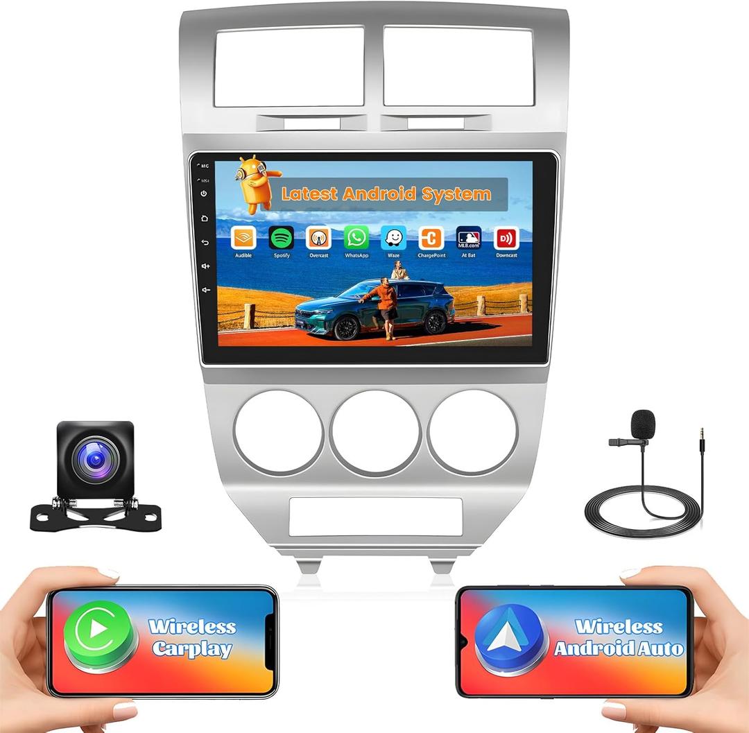 [2+64G] Hikity Android Car Stereo for Dodge Caliber 2006 2007 2008 2009 2010 2011 2012 with Wireless Carplay Android Auto, 10.1" Touchscreen Radio Mirror Link GPS WiFi Bluetooth SWC Backup Cam FM Mic