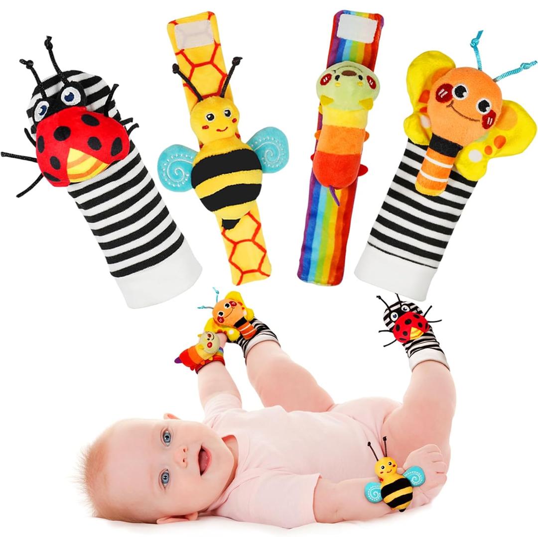 Infinno Baby Wrist Rattle Socks and Foot Finder Set, Perfect Baby Toys for 0-12 Months Newborn Boys and Girls As Shower Gifts, Garden Bug Series (Warm Color)