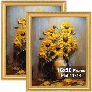 Splinterix 16x20 Gold Picture Frames Set of 2, Ornate Vintage 16 x 20 Photo Frames for Wall Decor or Tabletop Display, Gold Frames with Plexiglass, Display 11x14 Pictures with Mat or 16x20 without Mat for Antique Déco