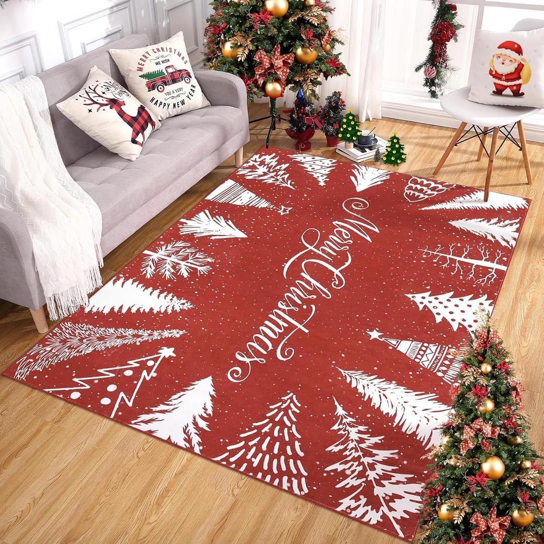 Garvee Home Merry Chrismas Area Rugs 4x6 Rug Washable Non Slip Entryway Rug Kithen Rugs Low Pile Non Shedding Xmas Tree Holiday Decor Soft Stain Resistant Carpet for Bedroom, Living Room, Entrance, Red
