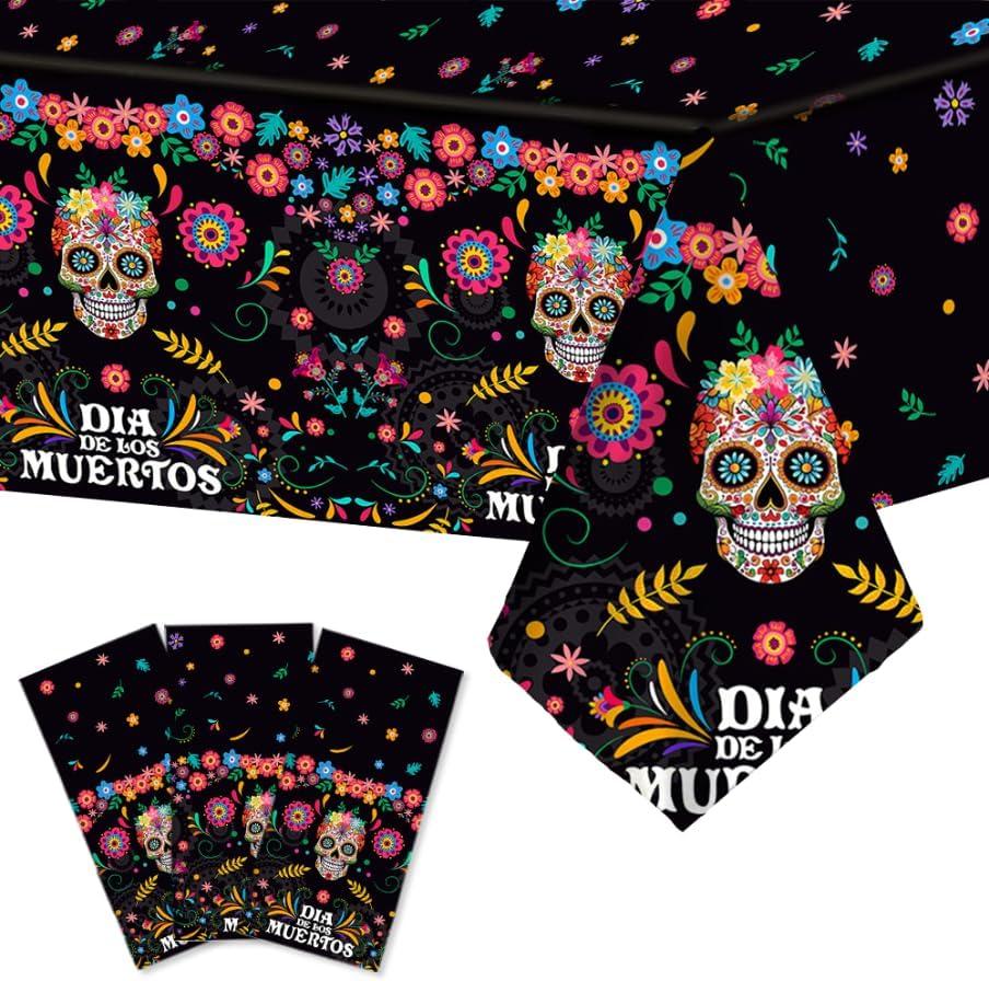 2 x 3pcs Day of The Dead Party Tablecloth, Mexican Dia De Los Muertos Table Cover Halloween Sugar Skull Floral Table Cover Fiesta Plastic Tablecloth for Party Decorations Supplies