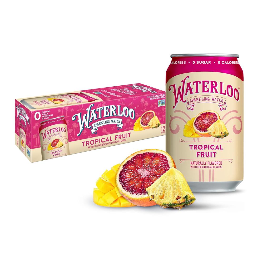 Waterloo Sparkling Water, Tropical Fruit Naturally Flavored, 12 Fl Oz Cans (Pack of 12) Zero Calories and Zero Sugar or Sweeteners (EXP 05/14/27)