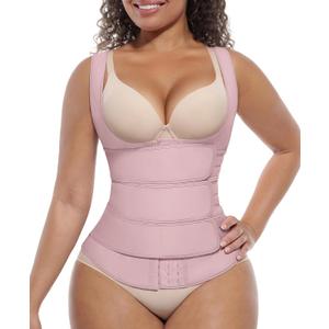 FeelinGirl Waist Trainer for Women Latex Waist Trainers Vest Plus Size Waist Cincher Corset 3 Belts Hooks Steel Bones (Large, Light Pink)