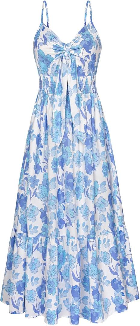 GRACE KARIN Women's 2025 Summer Maxi Dress Floral Tie Front Spaghetti Strap Casual Boho Beach Flowy Sundress with Pockets (XX-Large, White Blue Floral)