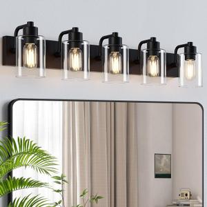 Dpyrrhic Matte Black Bathroom Light Fixtures, 5-Light Bathroom Lights Over Mirror with Clear Glass Shade,Wall Sconces for Bathroom, Bedroom, Hallway