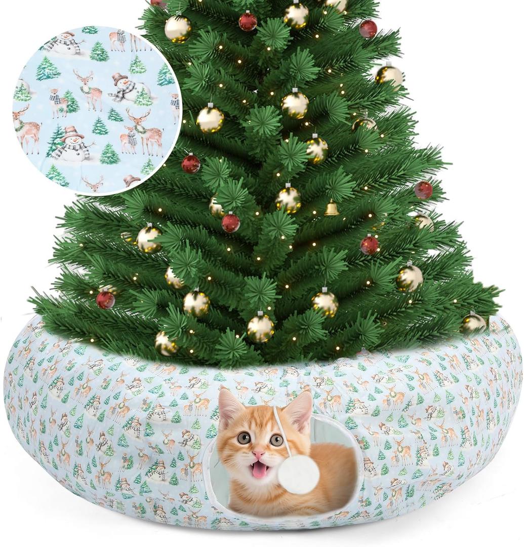 Woodland Christmas Cat Bed Tunnel 3ft x 3ft x 9.8in Winter Forest Under Christmas Tree Cat Donut Tunnels Snowman Reindeer Plush Peekaboo Cave Toy Collapsible 3 Way Xmas Gifts for Small Kitty