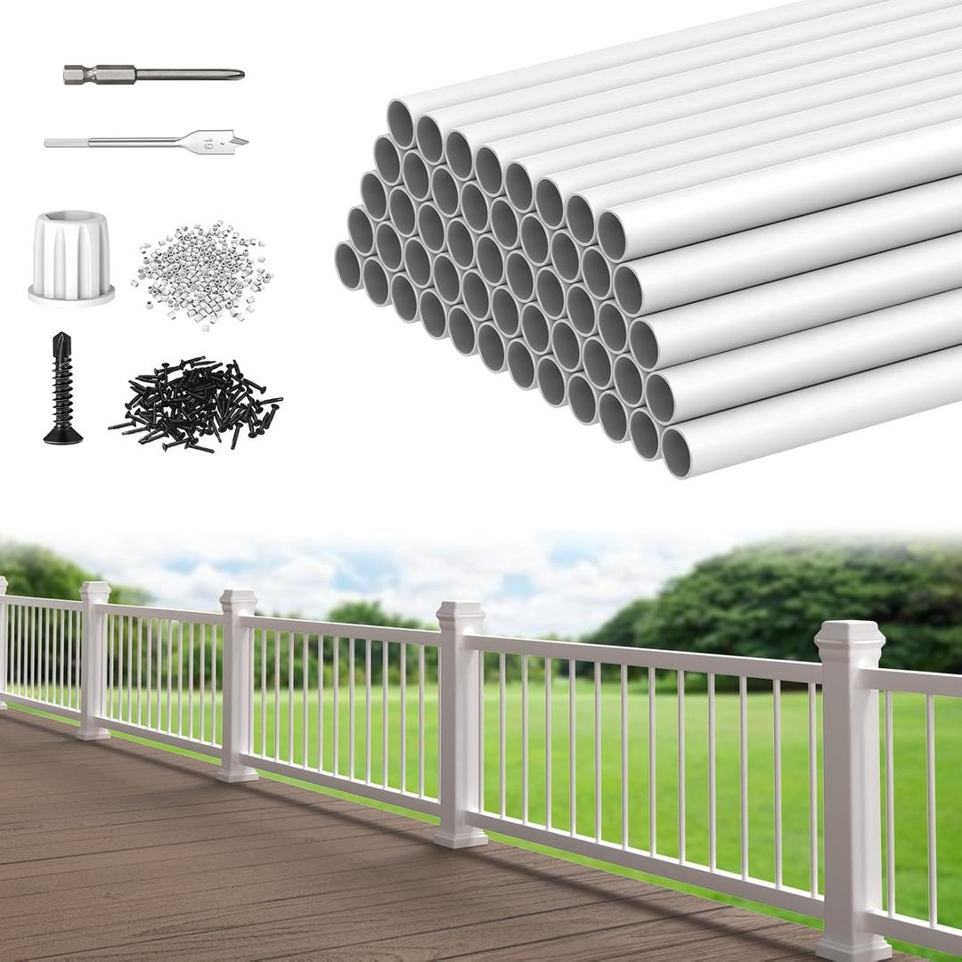 CKE 50 Pack 26" White Round Aluminum Balusters, White Aluminum Spindles with Screws& Conectors for Indoor Outdoor, 3/4" Diameter Hollow Deck Round Balusters for Wood and Composite Deck Balusters
