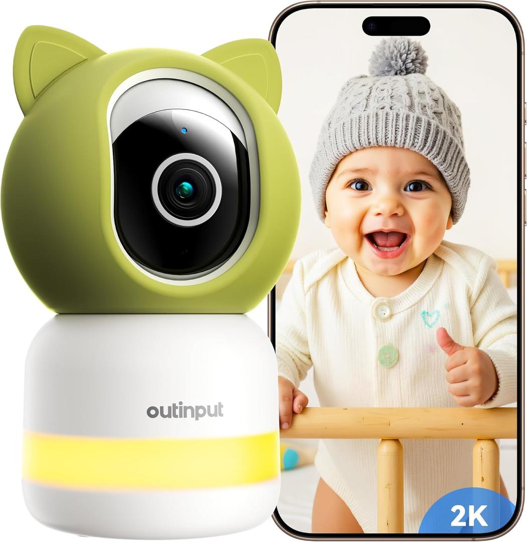Outinput Baby Monitor with Camera and Audio, 2K 4MP Indoor Security Camera for Home, 360 PTZ, AI Crying & Feeding Alerts, Night Vision with Gentle Light, Soothing Lullabies, 2-Way Audio