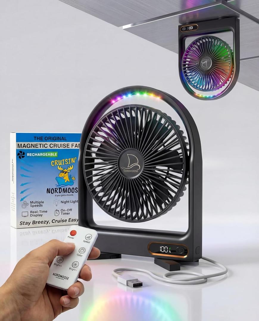 Magnetic Cruise Fan with Remote Control - Durable Rechargeable Battery, Multi-Color RGB LED Light, Sleep-Friendly Smart Display & Timer, Magnetically Sticks on Cabin Ceilings and Walls - Easy to Pack (Black)