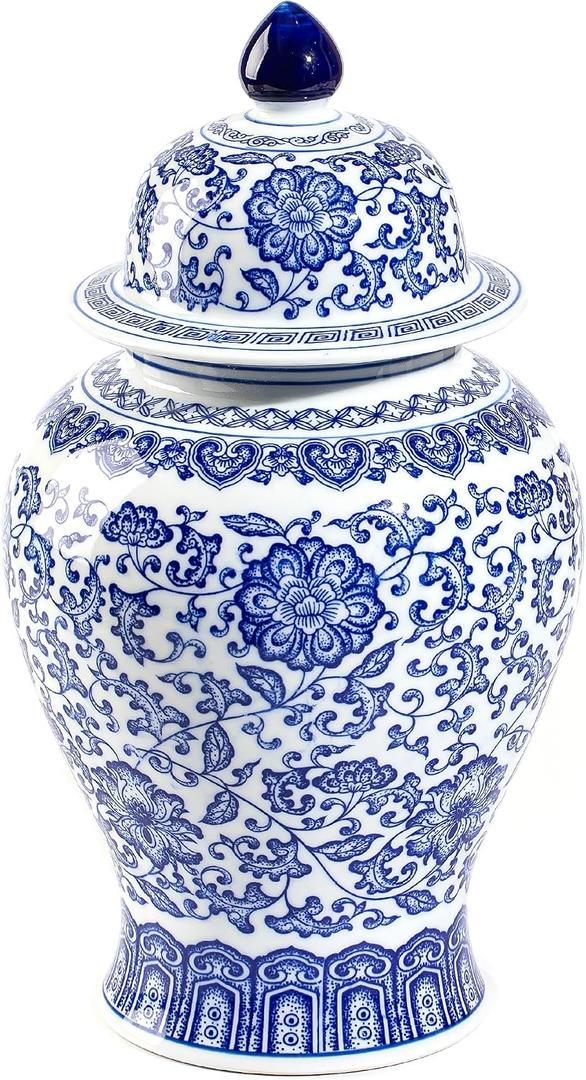 Blue and White Ginger Jars for Home Dcor, Chinoiserie Porcelain, Ginger Jar Vase Decor, Good Ideal for Room,Office Decoration,15" H