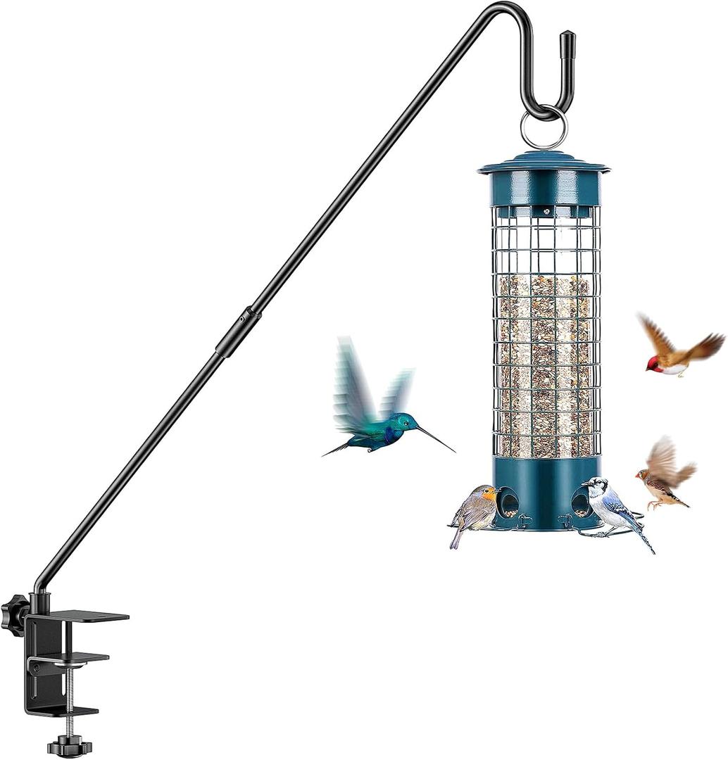 Heavy-Duty Adjustable Deck Railing Hook 28" Rotating, Clamp-Mount Hanger for Bird Feeders, Wind Chimes & Hanging Plants (Fits Up to 2.75", 12 lbs)