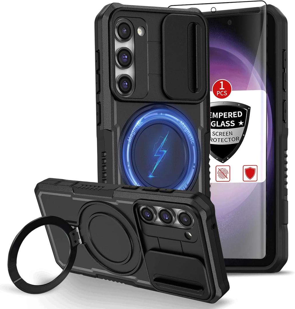 for Samsung Galaxy S23 Case Compatible Magnetic Wireless Charging, with Screen Protector,Built-in Magnetic Stand Ring,Camera Cover Drop-Resistant Protection Shockproof Galaxy S23 Case Black 