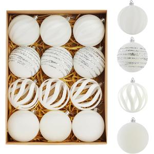 Christmas Ornaments Set of 12, 3.15" Flocked Velvet Balls with Hand Painted Designs, White Elegant Christmas Tree Decorations in Gift Box