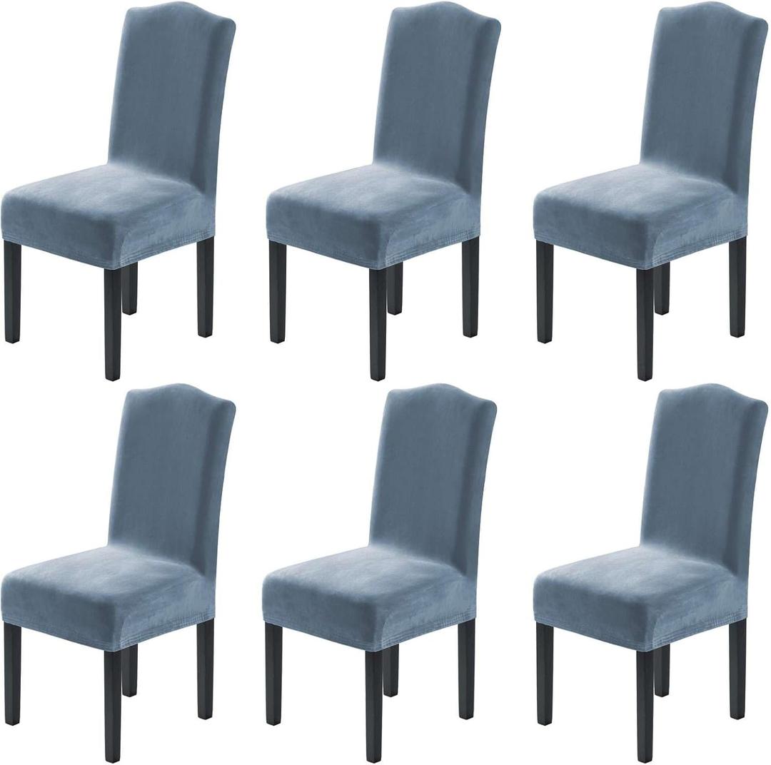 H.VERSAILTEX Velvet Dining Chair Covers Stretch Chair Covers for Dining Room Set of 6 Parson Chair Slipcovers Chair Protectors Covers Dining, Soft Thick Solid Velvet Fabric Washable, Stone Blue